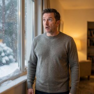 A man stands by a window looking outside. He wears a gray sweater and black pants. Snow and raindrops are on the window. A lit lamp and furniture are in the background.