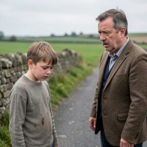 A young boy and an older man stand on a rural road, looking down. The boy wears a stained sweater. They are beside a stone wall and green fields under a cloudy sky.
