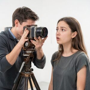 A man looks through a camera on a tripod at a young woman standing beside it. The man has short brown hair and wears a dark grey sweater. The woman has long brown hair.