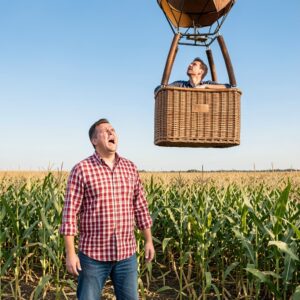 Man in plaid shirt looks up at woman in hot air balloon basket floating above cornfield under clear blue sky