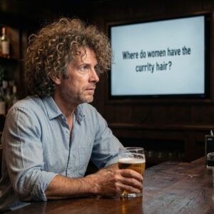 Man with curly hair sitting at bar with beer, looking right. TV screen behind shows text 'Where do curbrity women have hair'.