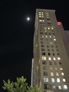 a clock tower lit up at night