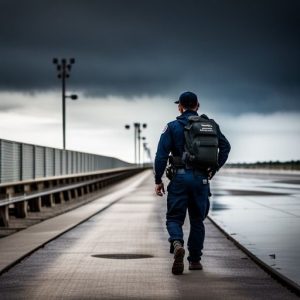a man walking across a bridge