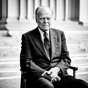 a man wearing a suit and tie sitting on a bench