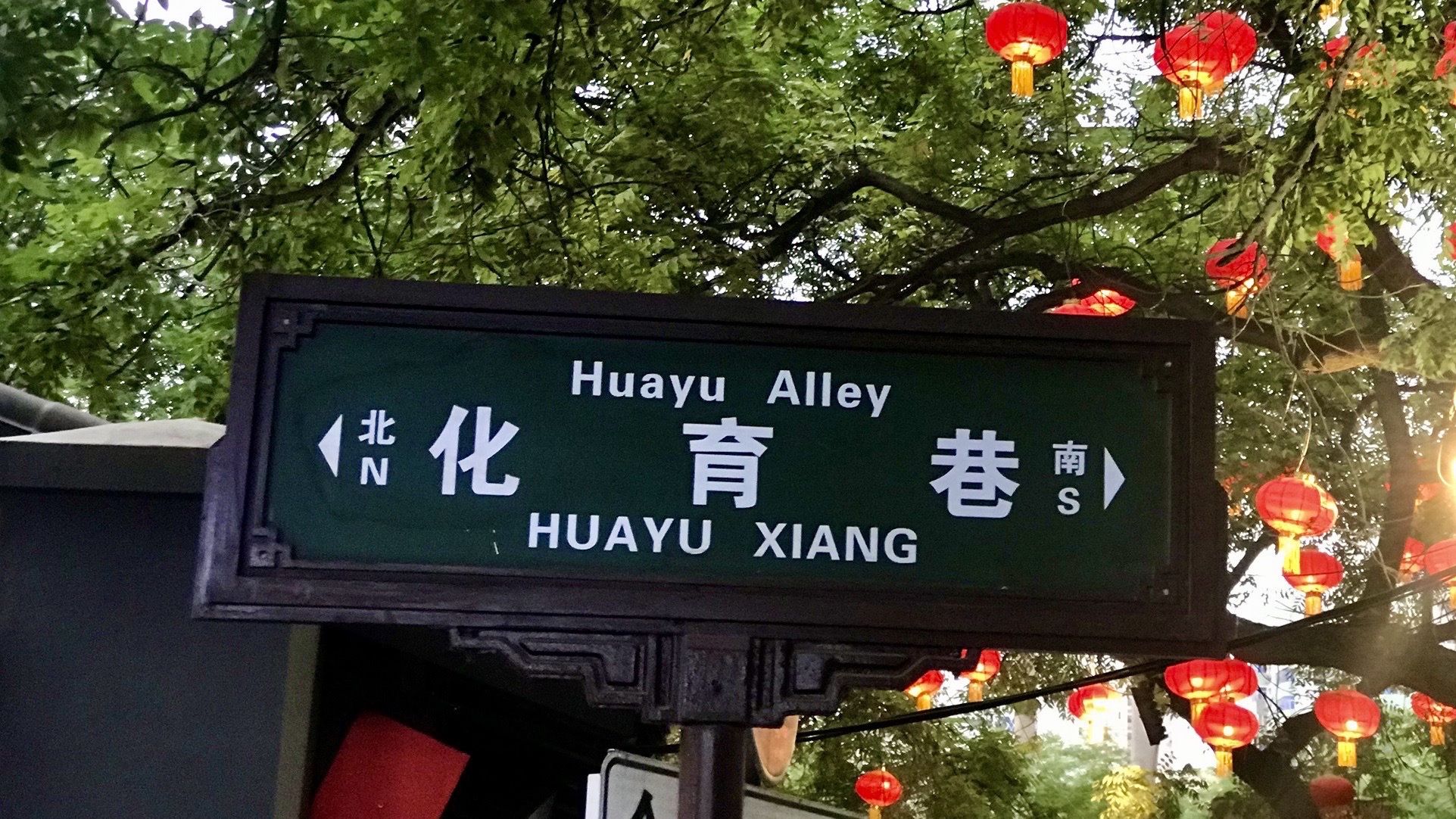 a sign hanging from a tree