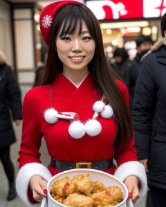 a woman standing in front of a plate of food