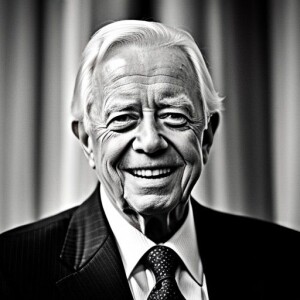 a man wearing a suit and tie smiling and looking at the camera