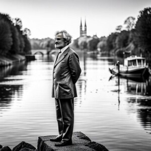 a man standing next to a body of water