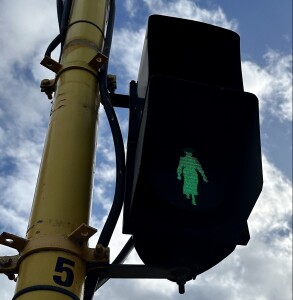 a close up of a traffic light on a pole