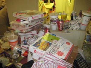 a close up of a cluttered table