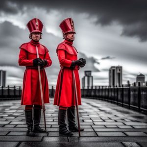 a group of people wearing costumes and standing on a sidewalk