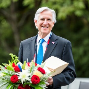 a man wearing a suit holding a flower
